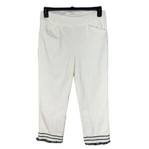 Chico’s SZ 1 (Medium) Crop Pants Perfect Stretch Flat Front Pull-On Fringe White